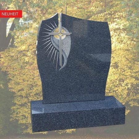 Grabstein mit Edelstahlkreuz und Ornament in Gebharter Granit. Österreichisches Material. Preis auf Anfrage.