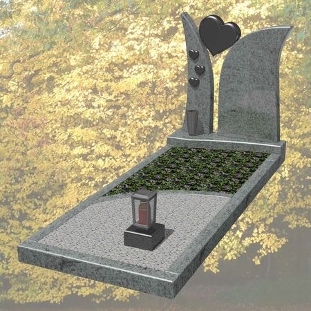 Grabstein mit Einfassung für ein Grüngrab in Viscount White Granit, Herzen in Premium Black Granit. Inklusive Kies, Laterne und Vase.