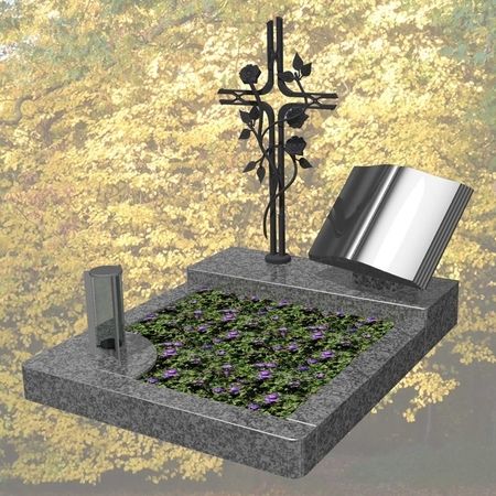 Urnengrab in Tarn Granit mit Premium Black Granit. Buch und Kreuz aus Gusseisen.