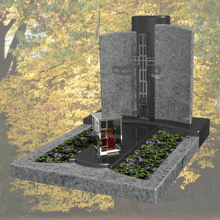 Urnengrab in Viscount White- und Premium Black Granit. Inklusive Laterne und Kreuz. Preis auf Anfrage.